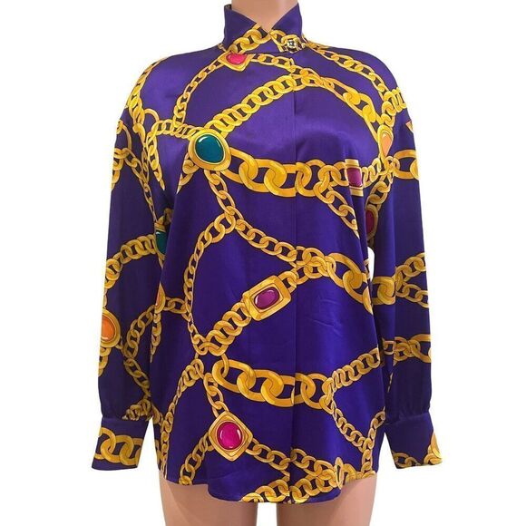 St. John Silk Print Blouse Purple US 8 - Picture 1 of 13
